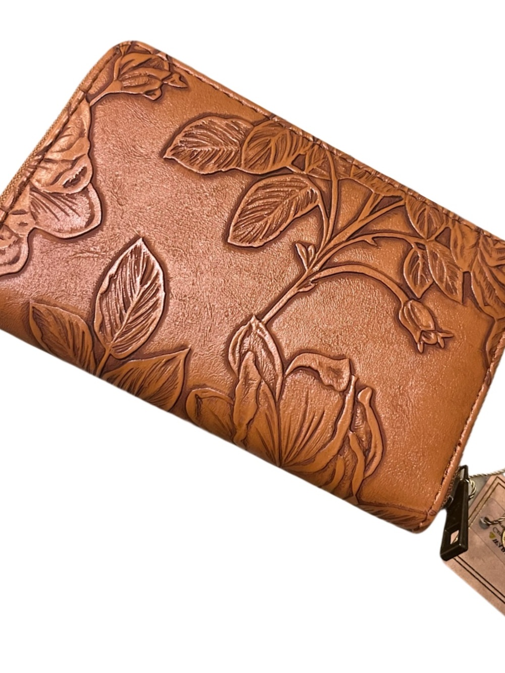 Embossed Floral Leather Zip Wallet - Tan